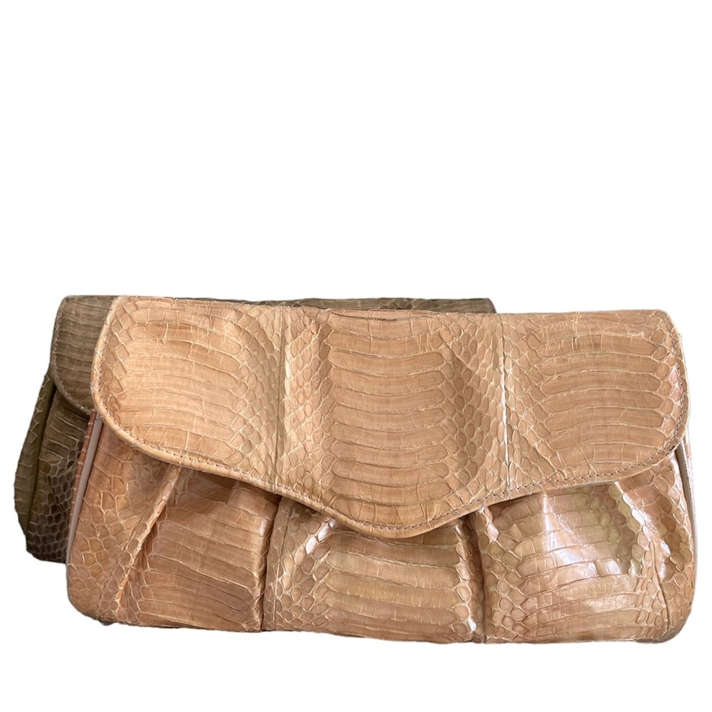 Vintage Renee Real Snakeskin Clutch - with strap. Cream & Taupe Olive Green